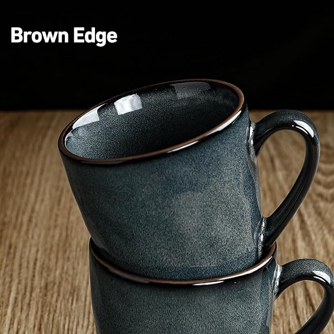 famiware Coffee Mugs Set of 4, Ocean Round 11.5oz Coffee Cup Set with Handle for Cocoa, Milk, Hot Chocolate, Stoneware Cups for Kitchen, Reactive Glaze, Microwave Dishwasher Safe, Deep Forest-Ruum Studio Home