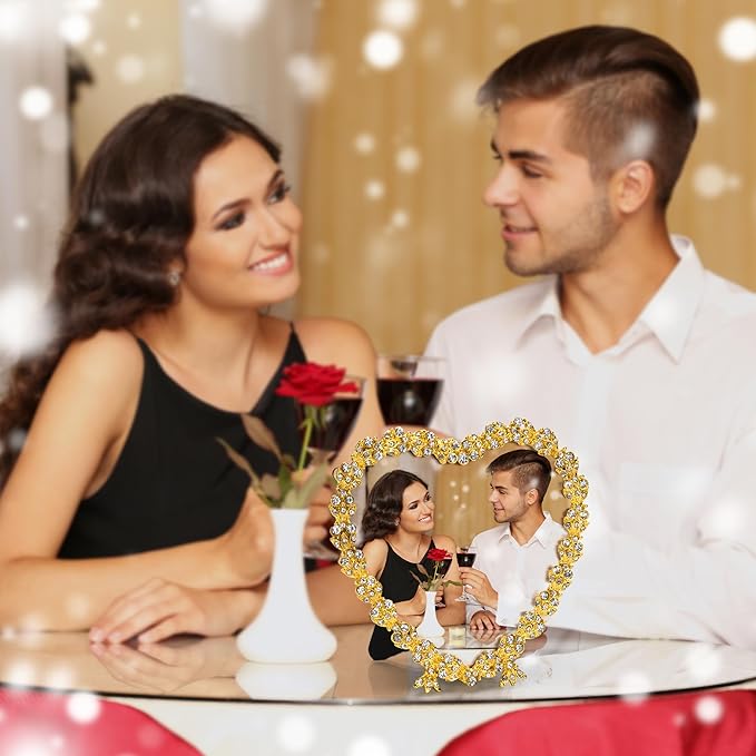 Heart Shaped Wedding Picture Frames for Couple - Beaded Crystal 4x4 Picture Frame – Engagement Gift, Wedding Gift for newlyweds - Fits 3.5x3.5 photo - Valentine Picture Frame (Golden)-Ruum Studio Home