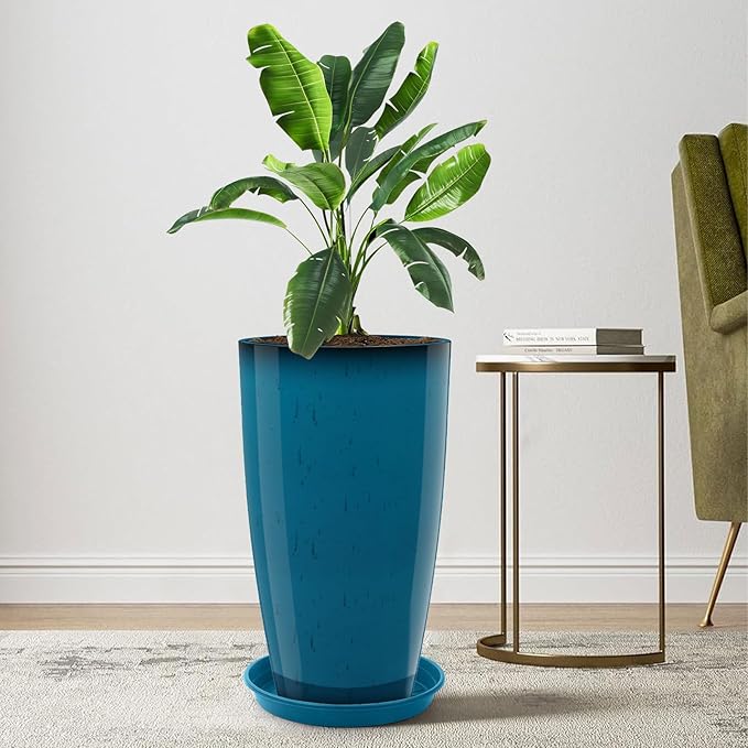 Tall Flower Pot Indoor - Outdoor Plant Pot - Turquoise Glossy Planter - Elegant Stone Imitation - 12" Diameter 21" Tall with Drainage Holes and Saucer-Ruum Studio Home
