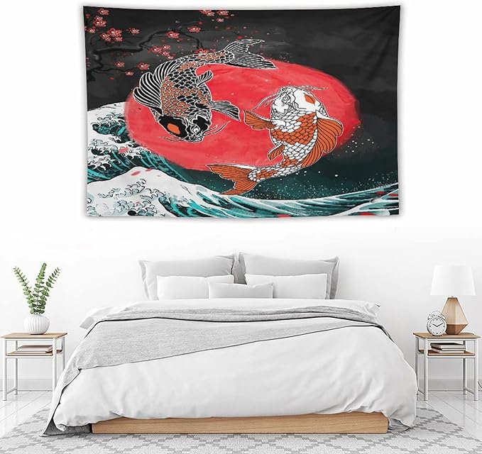 Houselerax Koi Fish Tapestries,Japanese Style Yin Yang Big Wave Cherry Blossoms Tapestry Wall Hanging for Bedroom Living Room Office Decor 60"x40"-Ruum Studio Home