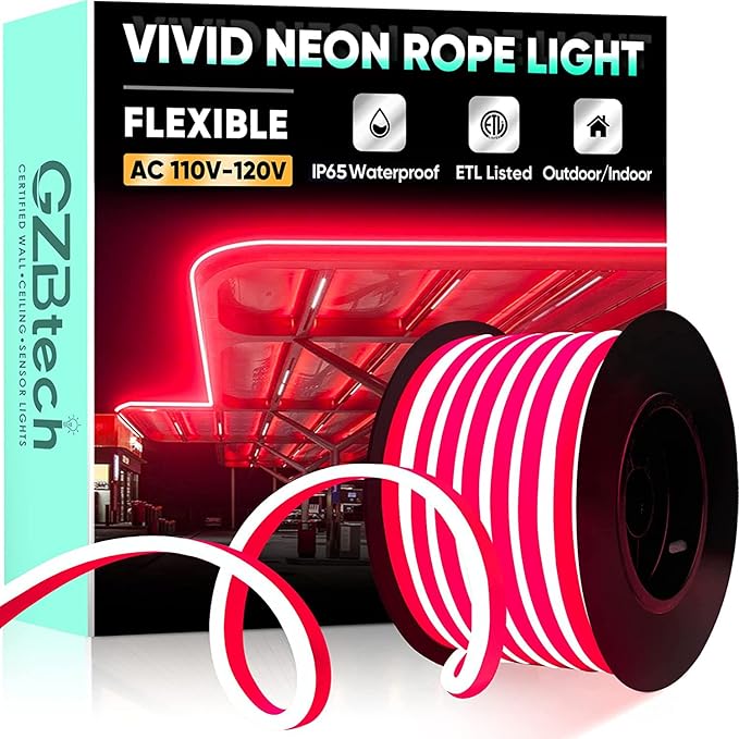 GZBtech Flexible LED Neon Rope Lights 50FT,AC 110-120V Waterproof Strip Light, 120 LEDs/M Cuttable Connectable Neon Lighting for Indoor Outdoor Home Decor/Commercial Building Use-Red 15M-Ruum Studio Home
