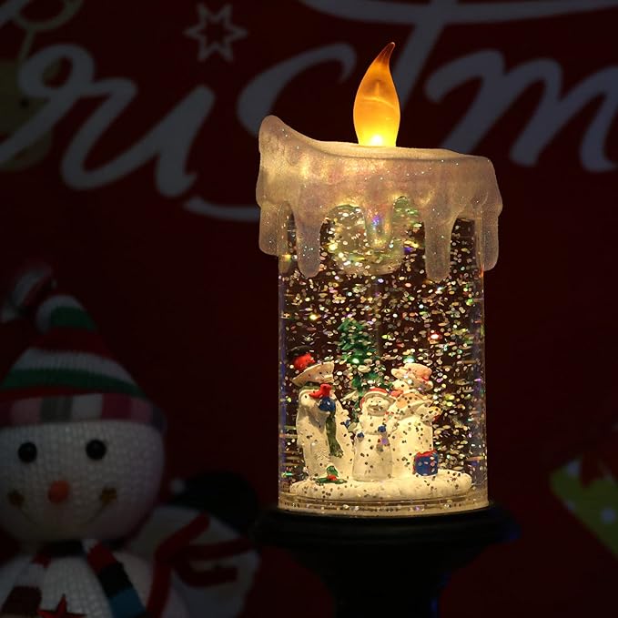 Eldnacele Christmas Snow Globe Candle Battery Operated Lighted Flameless Candles Light Swirling Water Glittering Spinning Candles for Home Decoration(Snowmen Family)-Ruum Studio Home