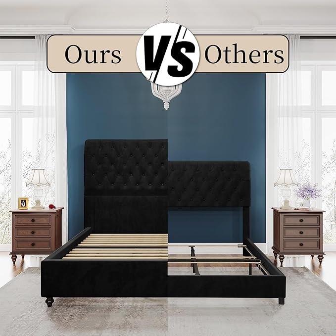 PaPaJet King Bed Frame Upholstered Platform Bed Frame with 52.8'' Tall Sleigh Headboard, Button Tufted, No Box Spring Needed, Easy Assembly, Black-Ruum Studio Home