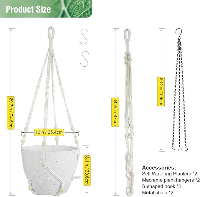 10 inch Self Watering Hanging Planters, 2 Pack Hanging Baskets for Indoor Outdoor Plants, Hanging Flower Pots with Drainage Holes and 2 Kinds of Plant Hangers for Garden Decor, Speckled White-Ruum Studio Home
