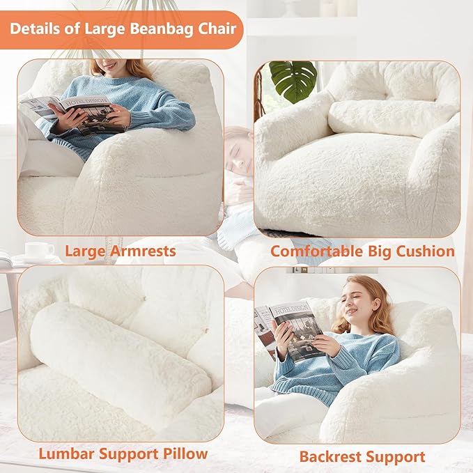 Bean Bag Chair for Adults with Pillow,Oversized Bean Bag Couch Chairs for Adults,Giant Lazy Couch Sofa Chairs with Filler,Large Reading Chair for Living Room Bedroom,White-Ruum Studio Home