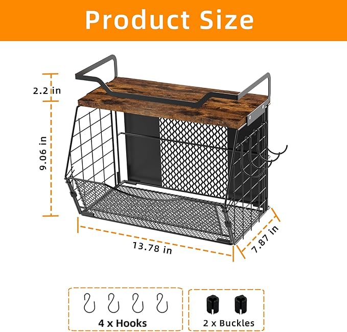 Magnetic Shelf for Fridge with Wood Lid, Magnetic Spice Rack for Refrigerator Large Capacity Sturdy with 4 Hooks,Magnetic Basket for Kitchen Pantry Laundry (1 Set with Buckles)-Ruum Studio Home