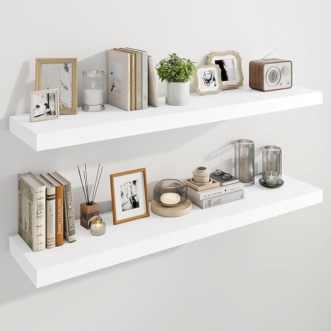 Marsmiles 48" Floating Shelves for Wall, Wooden Shelves with Invisible Brackets Set of 2, Rustic Farmhouse Wall Mounted Shelf for Kitchen Bathroom Living Room Study, White-Ruum Studio Home