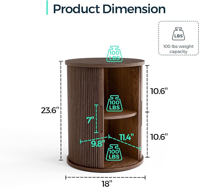 LINSY HOME Round Fluted End Table, Tall Side Table with Sliding Tambour Door and Storage Shelf, Modern Bedside Table, Mid-Century Nightstand for Living Room, Bedroom, Walnut-Ruum Studio Home