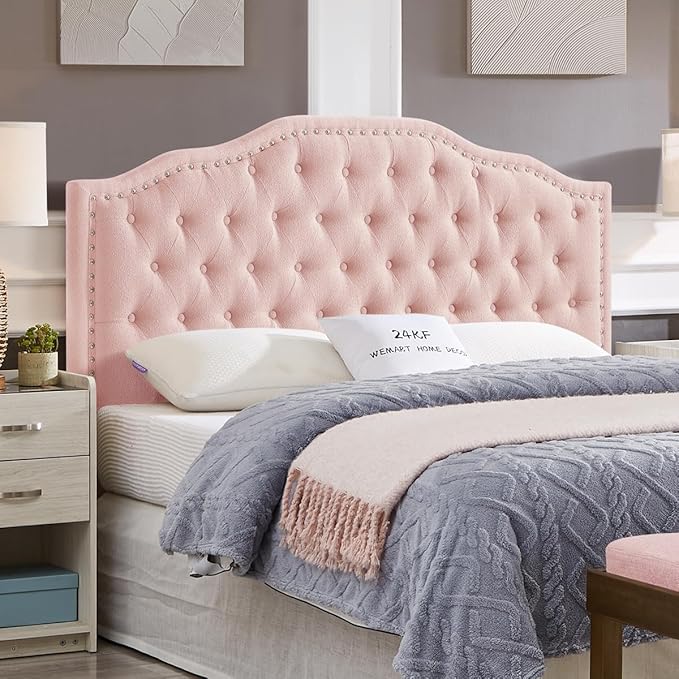 24KF Upholstered Button Tufted Queen Headboard with Nailhead Trim, Elegant Boucle Fabric Full headboard, 6031-Q-Boucle-Pink-Ruum Studio Home