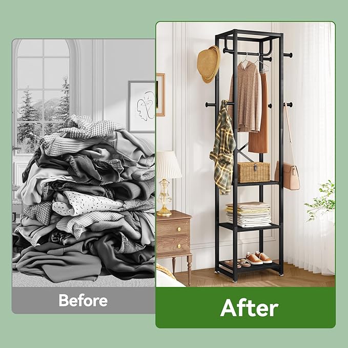 IBUYKE Coat Rack with Shelves, Freestanding Hall Tree with 3 Shelves and 8 Hooks, Industrial Clothes Stand for Entryway, Hallway, Bedroom, Black UTMJ088B-Ruum Studio Home