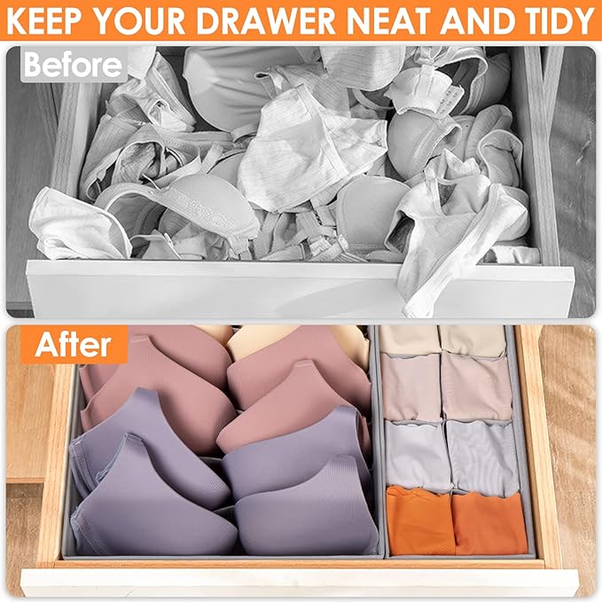 6 Pack Sock Underwear Drawer Organizer Dividers, 58 Cell Foldable Fabric Dresser Closet Organizers and Storage Bins for Clothing, Baby Clothes, Bra, Panty, Scarf, Ties (Grey)-Ruum Studio Home