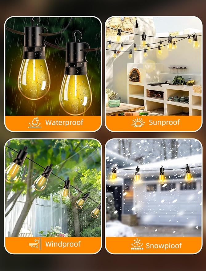 Outdoor Patio String Lights: S14 Shatterproof Bulb Outside Waterproof Light - 50Ft 15M Remote Dimmable Connectable Hanging Outdoor Electric Lighting - Garden Backyard Yard Gazebo Porch Party-Ruum Studio Home