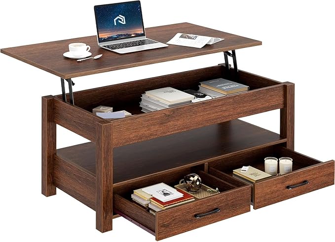 Rolanstar Coffee Table, 47.2" Lift Top Coffee Table with Drawers and Hidden Compartment, Retro Central Table with Wooden Lift Tabletop, for Living Room,Espresso-Ruum Studio Home