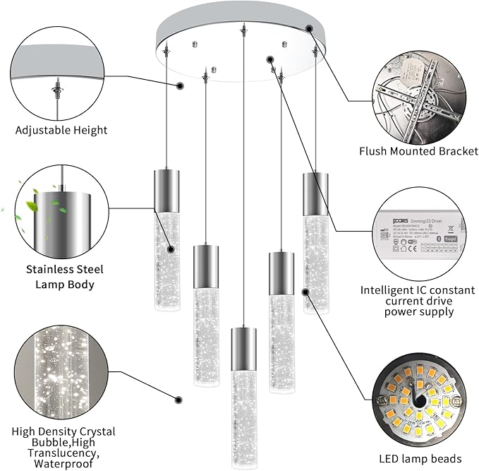 OKELI Smart Dimmable LED 5-Light Pendant Light for Kitchen Island, 18W 1350LM Modern Bubble Crystal Island Light Fixture with TUYA App & Voice Control, Adjustable 3000K-6000K, Electro-Chrome-Ruum Studio Home