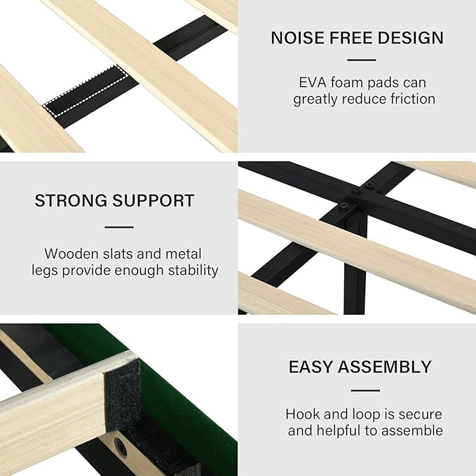 Queen Size Bed Frame, Velvet Upholstered Platform Bed with Vertical Channel Tufted Headboard and Footboard, No Box Spring Required, Easy Assembly, Green-Ruum Studio Home