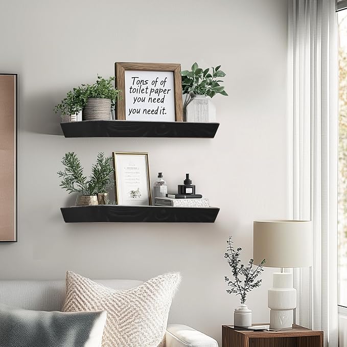 16"x6.8"x1.6" Slanted Floating Wall Shelves 2-Pack - Rustic Black Finish, Heavy-Duty Solid Wood Design with Hidden Brackets - Perfect for Living Room, Kitchen, Bathroom, or Office-Ruum Studio Home