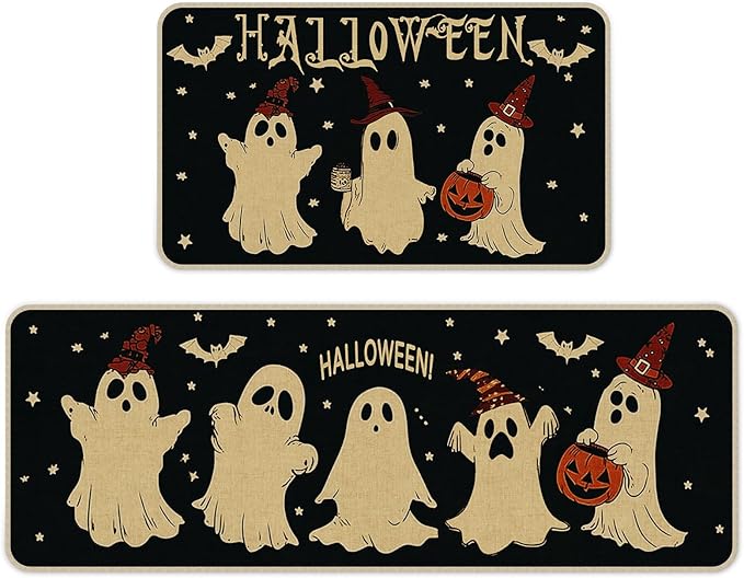 Halloween Kitchen Mat Set of 2, Pumpkin Ghost Bat Halloween Kitchen Decor, Halloween Rug for Floor, Indoor Spooky Home Decor with Non-Slip Backing,17 x 29 Inch & 17 x 47 Inch-Ruum Studio Home