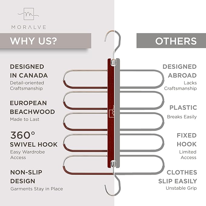 MORALVE Pants Hangers Space Saving - 2 Pack European Beechwood Scarf and Jean Hangers - Closet Organizer and Space Saver Pant Rack, Leggings Hanger, and Scarf Holder with 360° Swivel Hook-Ruum Studio Home