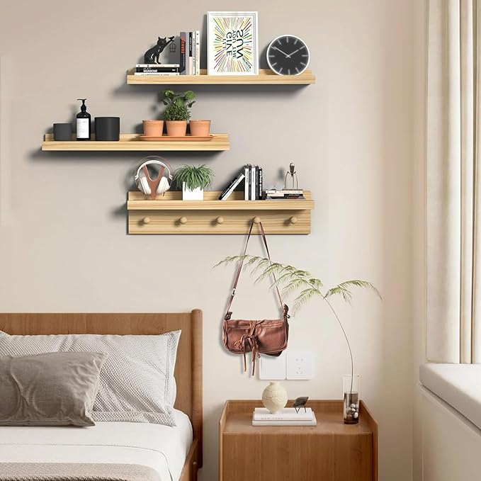 MBYD Natural Wood Floating Shelves, Unfinished Wood Picture Ledge, 24 Inch Picture Ledge for Kids Room, Floating Nursery Book Shelf with Hooks for Living Room, Kitchen, Bathroom-Ruum Studio Home