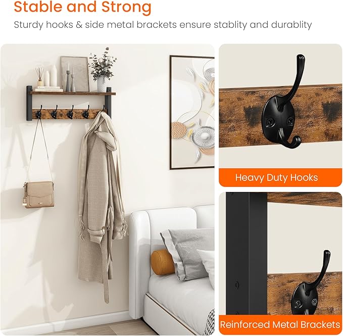 Homode Wall Hooks with Shelf, Wood Coat Rack with Shelf Wall-Mounted, Entryway Hanging Shelves with 5 Metal Hooks for Clothes Hats Towel Purse Robes, Bathroom Mudroom Bedroom, Rustic Brown Black-Ruum Studio Home