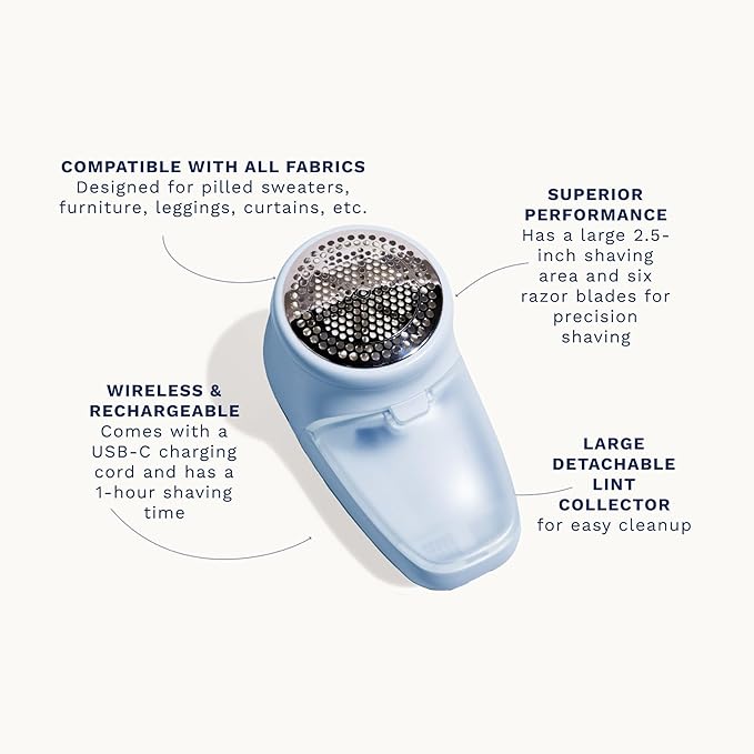 Nori Trim Fabric Shaver - Lint Remover for Clothes & Furniture Couch Pilling - Sweater Pill Remover - Clothes Shaver with 6 Precision Blades - Wireless and Rechargeable - Blue-Ruum Studio Home