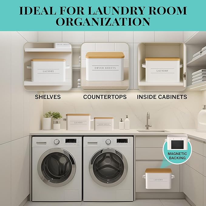 Metal Dryer Sheet Holder with Lid – Set of 2 Storage Bins for Laundry Room Organization & Home Decor – Classic White Metal Organizers and Containers with Lids - Sheet Organizers and Storage-Ruum Studio Home
