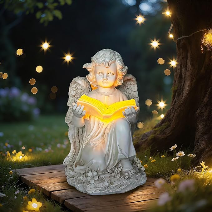 Garden Angel Statues for Outside, Solar Angel for Garden with Bible & Cemetery Decorations for Grave, Angel Figurines for Yard Patio Decor & Lawn Ornaments, Gifts for Mom Grandma Women-Ruum Studio Home
