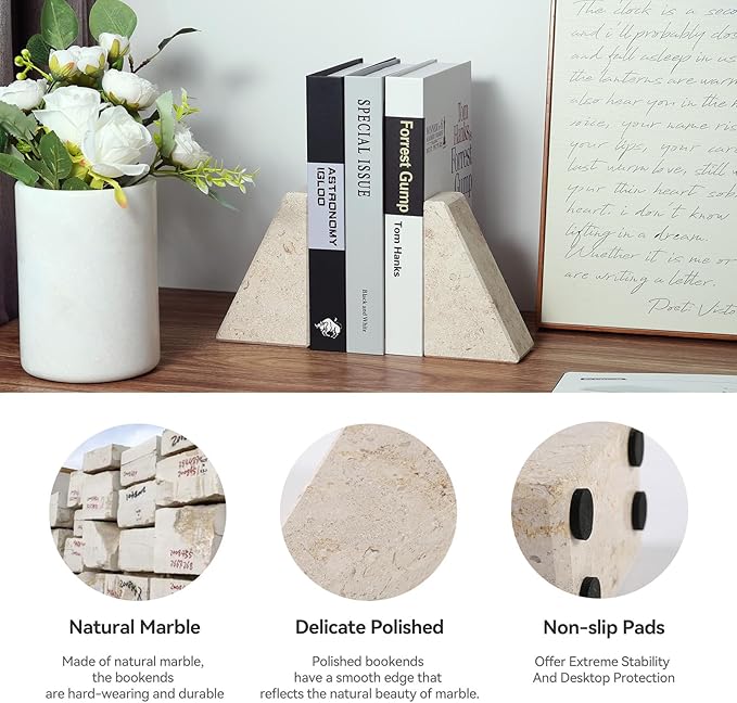 Marble Bookends for Heavy Books, Decorative Book Ends for Shelves, Beige Stone Durable and Heavy-Duty Book Ends for Hardback Books & CDS, Unique Book Stopper & Holder, Set of 2-Ruum Studio Home