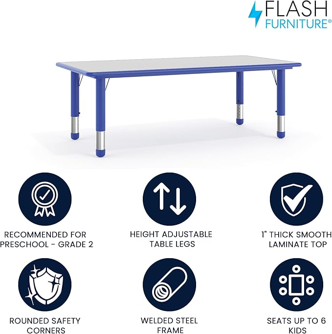 Flash Furniture Wren Adjustable Classroom Activity Table for School and Home, Plastic Activity Table for Kids, 23.625" W x 47.25" L, Gray/Blue-Ruum Studio Home