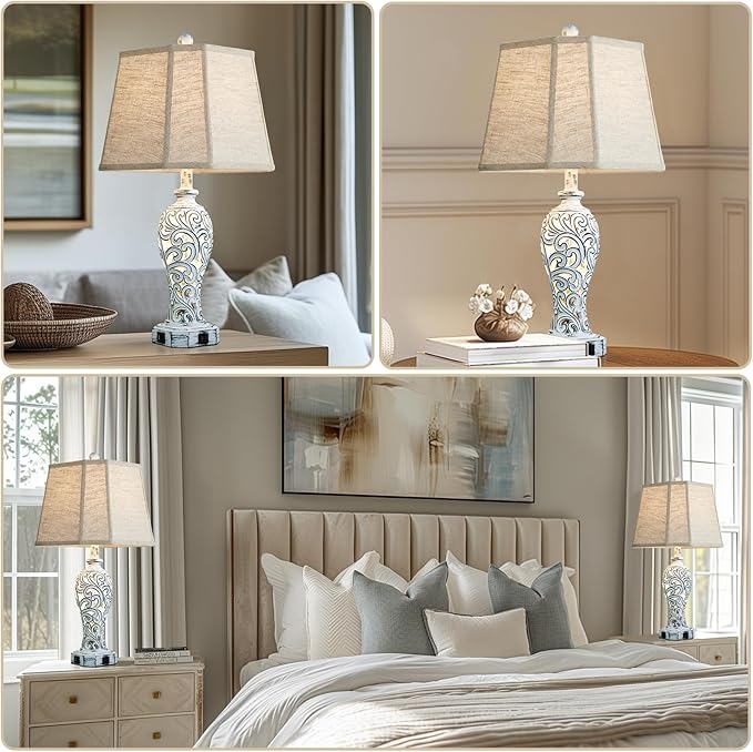 25'' Farmhouse Table Lamps Set of 2 for Living Room Bedroom, 2 USB Ports Rustic Vintage Nightstand Table Lamp with Nightlight, Hollow Out Resin Lamp for End Table (Bulbs Included)-Ruum Studio Home