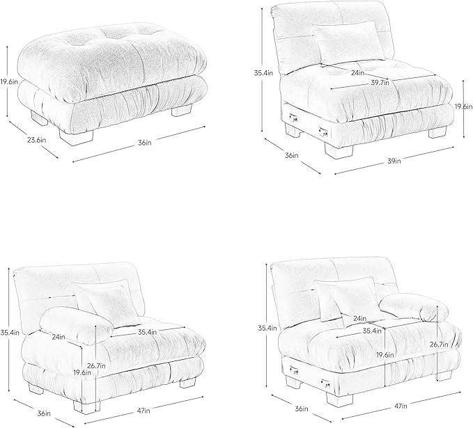 Loveseat Modular Sectional Sofa, U Shaped Couch with Ottoman, Cloud Couch Sectional Couch Home Sofa Living Room Oversized Couch Deep Seat Couch with Round Bolster Armrests 4 Pillows(White)-Ruum Studio Home