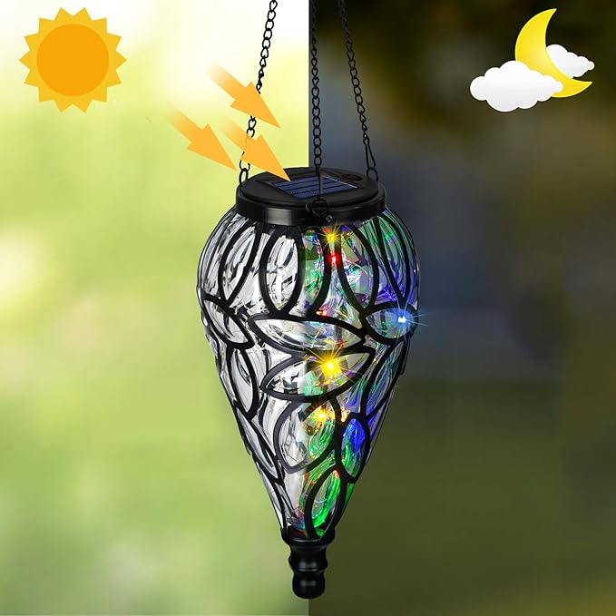 SUNNYPARK Outdoor Plastic Solar Hanging Lantern, 15 Multi Color LEDs Twinkle Effect Tear-Shaped Hanging Lantern Decor Garden Decorative Solar Lights for Backyard, Patio and Lawn-Ruum Studio Home