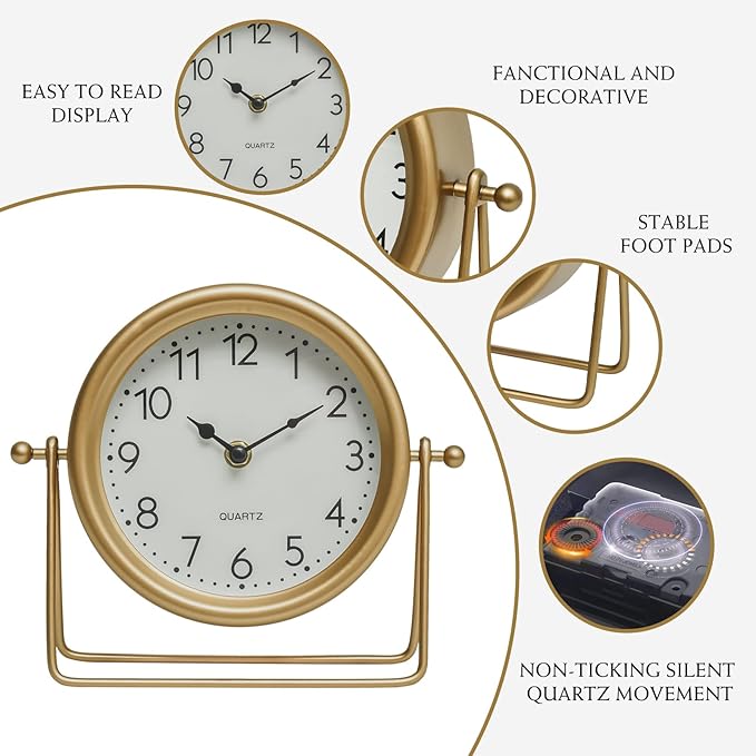 Vintage Golden Table Clock - Elegant Battery Operated Office, Living Room, and Bedroom Clock with Minimalist Design Gold Table Decor 22x19.5x5.5cm-Ruum Studio Home