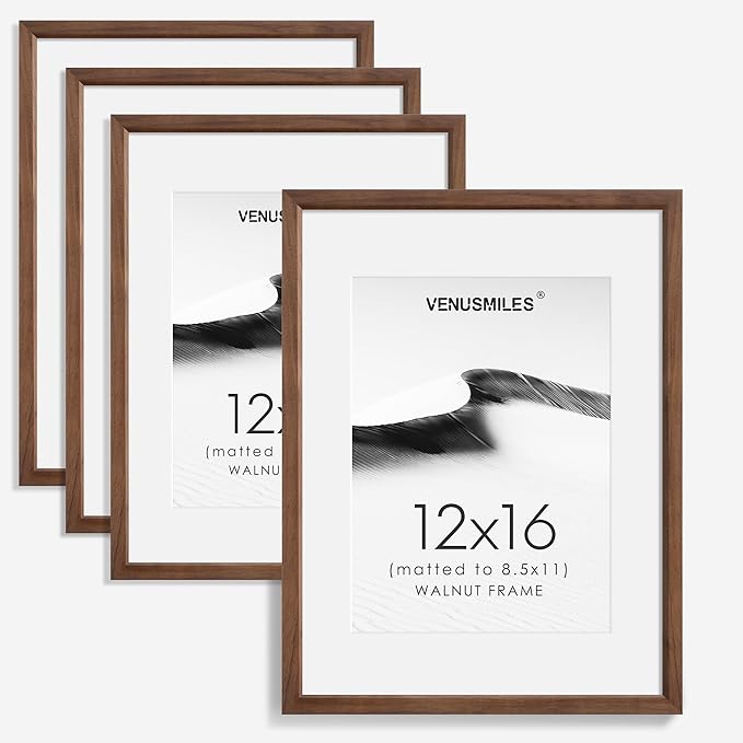 12x16 Picture Frame Set of 4 Natural Solid Walnut Photo Frames with 8.5x11 Removable Mat Wall Hanging Large Handcrafted Frame with HD Plexiglass Wall and Tabletop Display Large Poster Frame-Ruum Studio Home