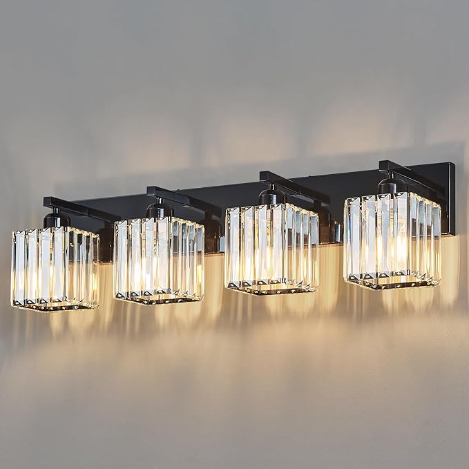 Modern Bathroom Vanity Light 4-Lights Plating Black Crystal Bathroom Wall Light Vanity Light Fixtures-Ruum Studio Home