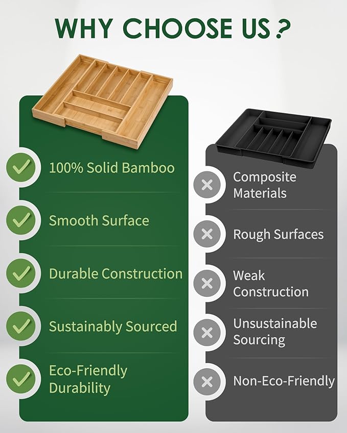 Premium Bamboo Expandable Drawer Organizer, 7-9 Slots Adjustable Kitchen Drawer Organizer for Large Cooking Utensils Cutlery, Kitchen Drawer Organization-Ruum Studio Home