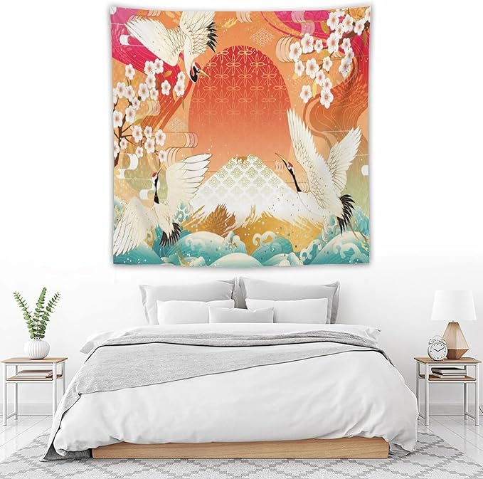 HZOHNAGO Japanese Tapestry Cherry Blossom Crane Sea Wave Fuji Mountain Red Sun Pattern Printed Wall Tapestry Painting Wall Hanging for Bedroom Living Room Dorm 60" W x 60" H-Ruum Studio Home