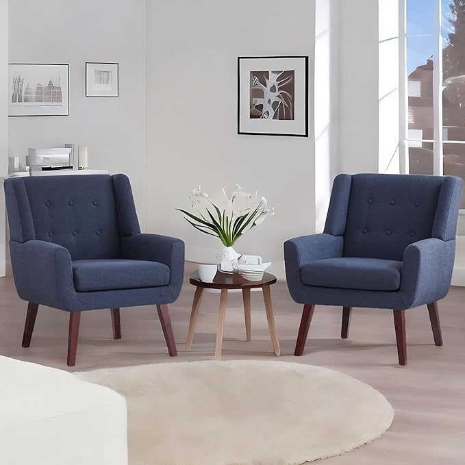 HUIMO Button-Tufted Accent Chairs Set of 2,Upholstered Reading Living Room Chair,Mid Century Modern Chair with Linen Fabric, Club Chair,Comfy Arm Chairs for Living Room,Bedroom,Dark Blue-Ruum Studio Home