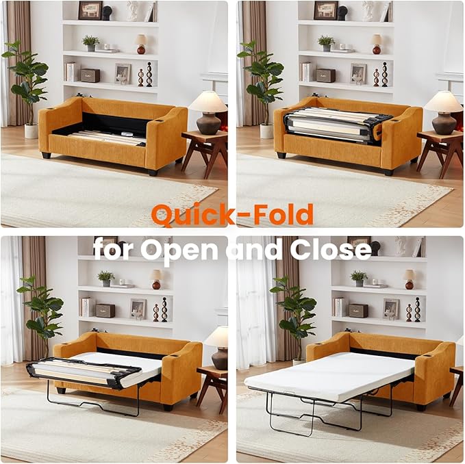 Pull Out Sofa Bed, Full Size Sleeper Sofa, 2-in-1 Convertible Corduroy Couch with USB Charging, Memory Form Couch for Living Room, Apartment and Small Space (Mustard Yellow, Corduroy - Full Size)-Ruum Studio Home