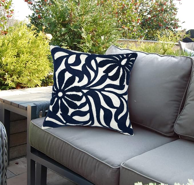 Alysheer Farmhouse Floral Leaves Embroidered Decorative Throw Pillow Cover 18x18 inches, Boho Tufted Flowers Embroidery Pattern Chic Cotton Cushion Case for Couch Bed Sofa Living Room(Navy Blue)-Ruum Studio Home