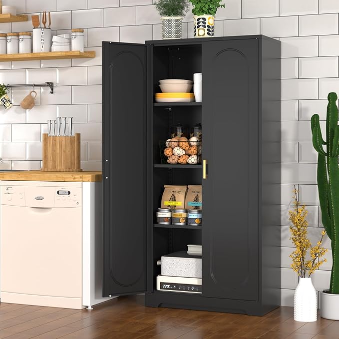 60" Tall Kitchen Pantry Cabinet, Metal Pantry Cabinet with Doors and Adjustable Shelves, Black Utility Storage Cabinet with Handles for Dining Room, Bathroom, Laundry Room - Assemble Required-Ruum Studio Home