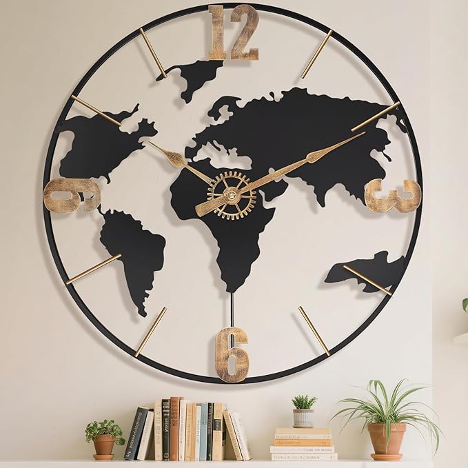 22 Inch Large Wall Clock,Modern Decorative Big World Map with Vintage Gold Arabic Numeral Extra Giant Metal Oversized Wall Clocks for Living Room,Office,Kitchen,Dining Room,Bedroom-Ruum Studio Home