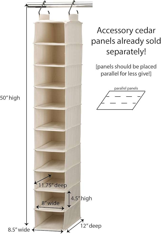 Household Essentials Hanging Shoe Organizer, 10 Wide Cubbies with Cedarline Pockets, Heavy-Duty Cotton Canvas, Removable and Industrial Hooks, Natural-Ruum Studio Home