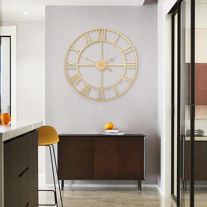 LEIKE Large Modern Wall Clocks,32" Gold Metal,Rustic,Round,Nearly Silent,Little Ticking,Battery Operated Roman Numerals Clock for Living Room/Bedroom/Kitchen Wall Decor-(Gold, 80cm)-Ruum Studio Home