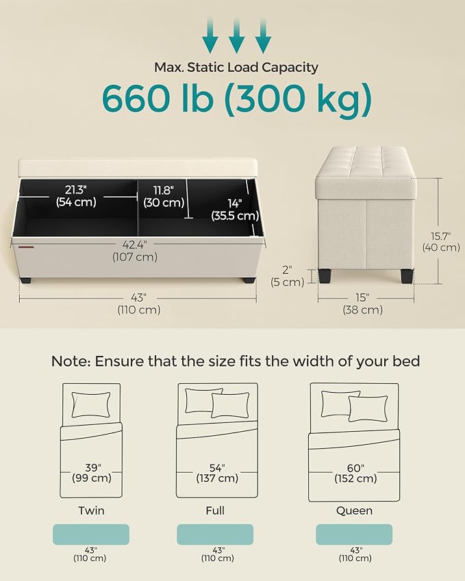 SONGMICS Storage Ottoman Bench, Foldable Foot Rest with Legs, 15 x 43 x 15.7 Inches, End of Bed Bench, Storage Chest, Load up to 660 lb, for Living Room, Bedroom, Entryway, Cream White ULSF018W01-Ruum Studio Home