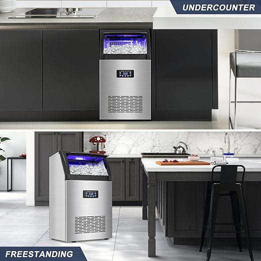 Commercial Ice Maker Machine 150LBS/24H with 50LBS Storage Bin, Stainless Steel Undercounter/Freestanding Ice Maker Machine for Home Bar Outdoor, 55PCS Ice Cubes Ice Machine, Self Cleaning-Ruum Studio Home