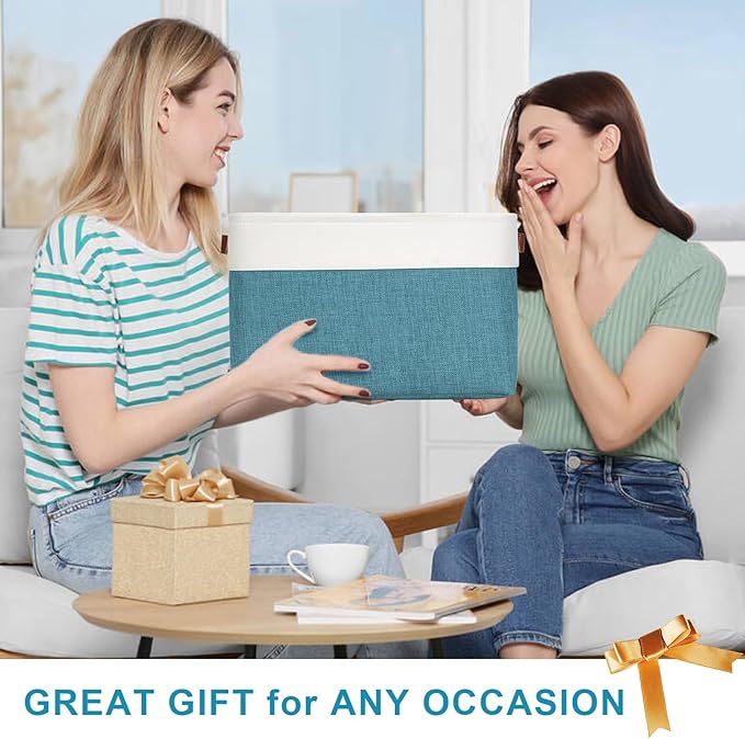 Storage Bins Large Fabric Storage Baskets for Shelves 3 Pack, Decorative Linen Closet Baskets with Handles for Organizing, Shelf, Clothes, Home, Office, 15x11x9.5Inches (Teal&White)-Ruum Studio Home