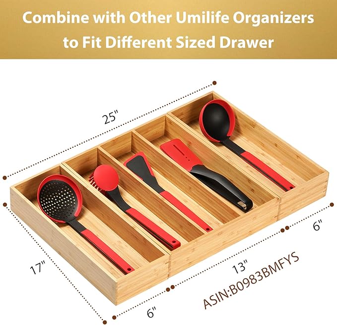 Umilife Bamboo Kitchen Utensils Organizer, Extra Long High Silverware Drawer Holder, Flatware Cutlery Storage Box, Multi-Use Drawer Divider in Office, Bathroom, Pantry - 17"x6"x2.5" (Set of 2)-Ruum Studio Home