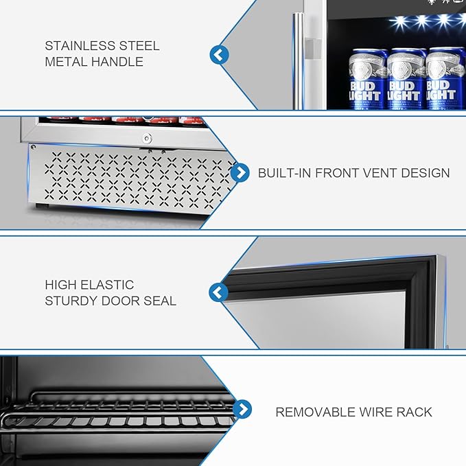 Tylza Beverage Refrigerator 24 Inch, 190 Can Built-in/Freestanding Beverage Cooler Fridge with Glass Door and Advanced Cooling Compressor for Beer and Soda or Wine, Low Noise, 37-64 F-Ruum Studio Home