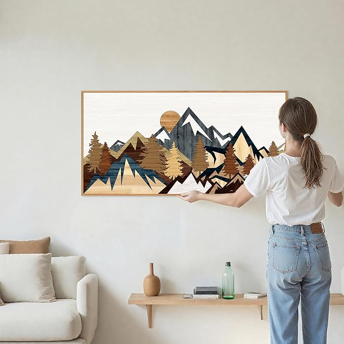 SIGNINART Large Mountain Framed Canvas Wall Art, Boho Sunrise Wilderness Wall Decor, Vintage Forest Nature Artwork, Modern Farmhouse Woodcut Style Art Prints for Living Room Bedroom, Office 20"x40"-Ruum Studio Home